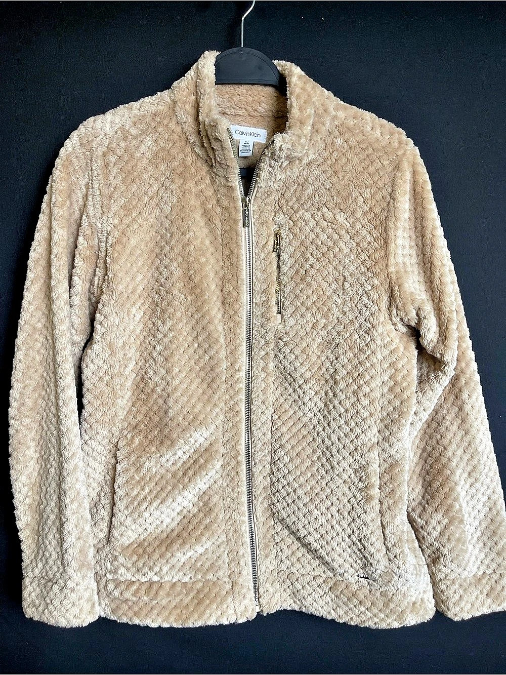 Calvin Klein Full-Zip Quilted Faux Fur Teddy Fleece Jacket Beige Medium